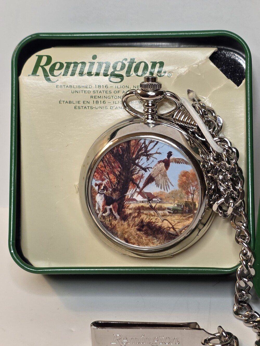 Remington Vintage Pocket Watch Metal Tin Pheasant Bird Hunting Dog Mens Jewelry - Picture 3 of 11
